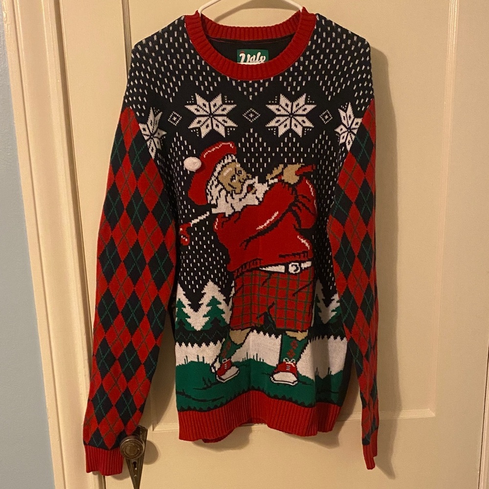 Men's Christmas Golf Sweater - Red and Black Blue Crewneck